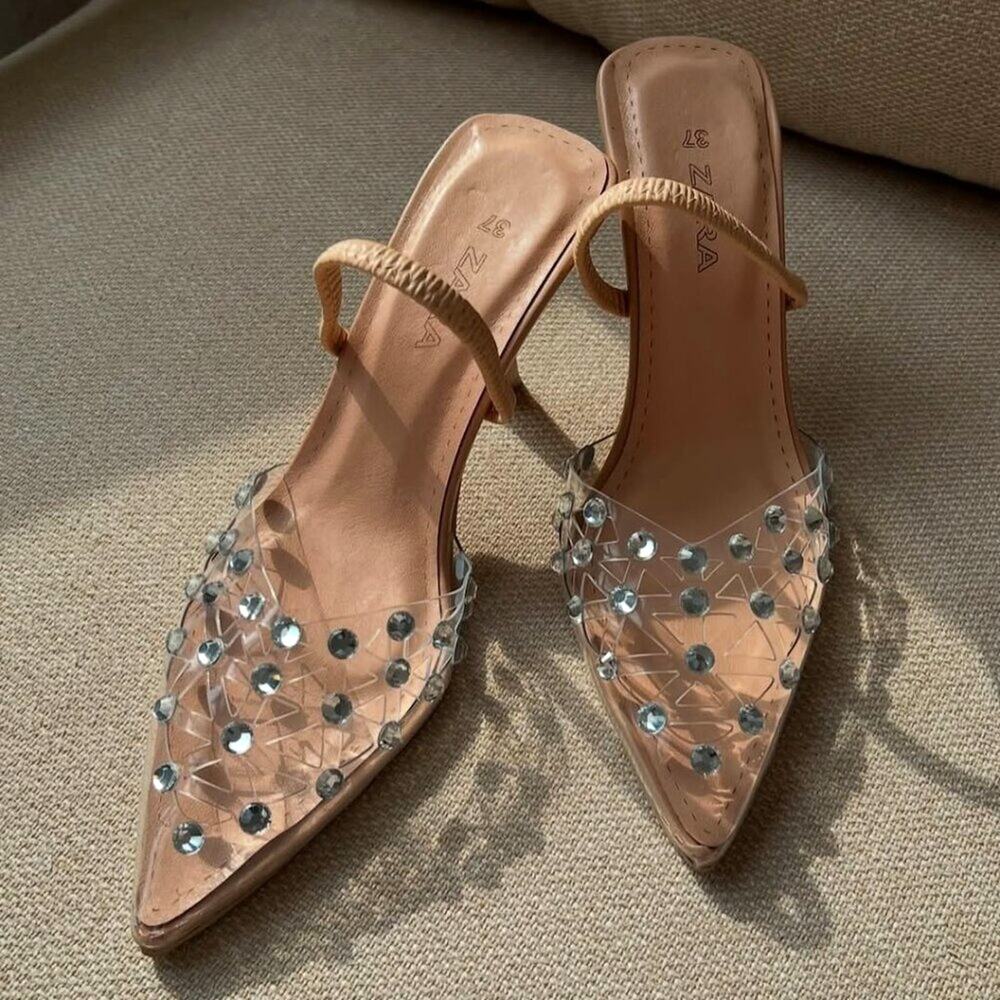 ZARA Rhinestone Slingback Heels NWT Clear Vinyl Pointed Toe Bridal Shoes Size 8 - Picture 7 of 16